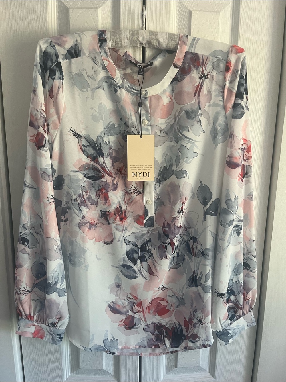 NYDJ Simone Pink & Gray Floral Henley Blouse Sz S NWT